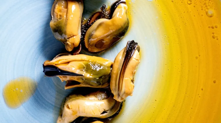 Mejillones frescos en un plato azul con un fondo amarillo, servidos con un toque de aceite de oliva. Ideal para un plato de mariscos gourmet.